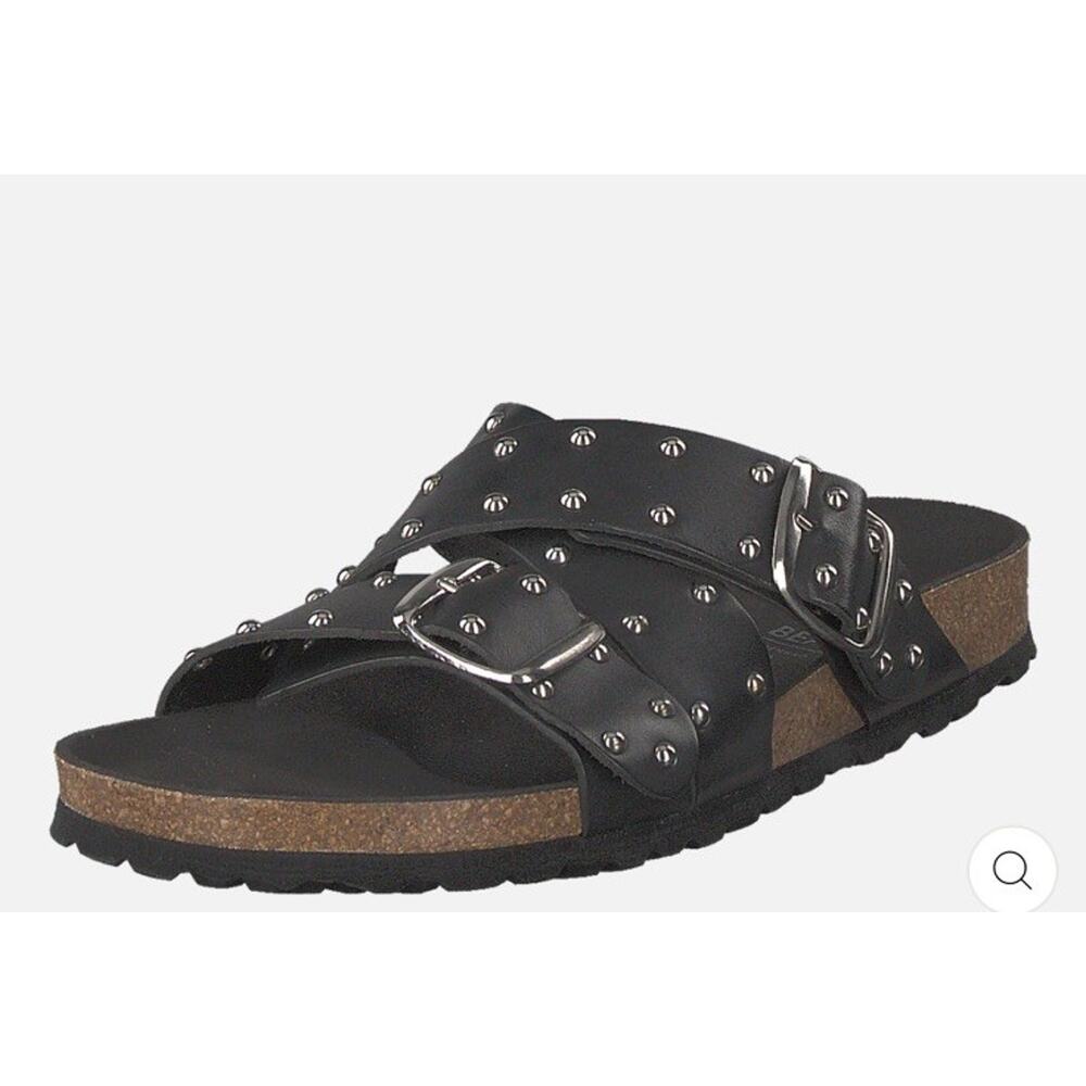 Shoe the Bear Cara Cross Stud Sandal Black Leather Whimsy Goth Comfort Slides 37